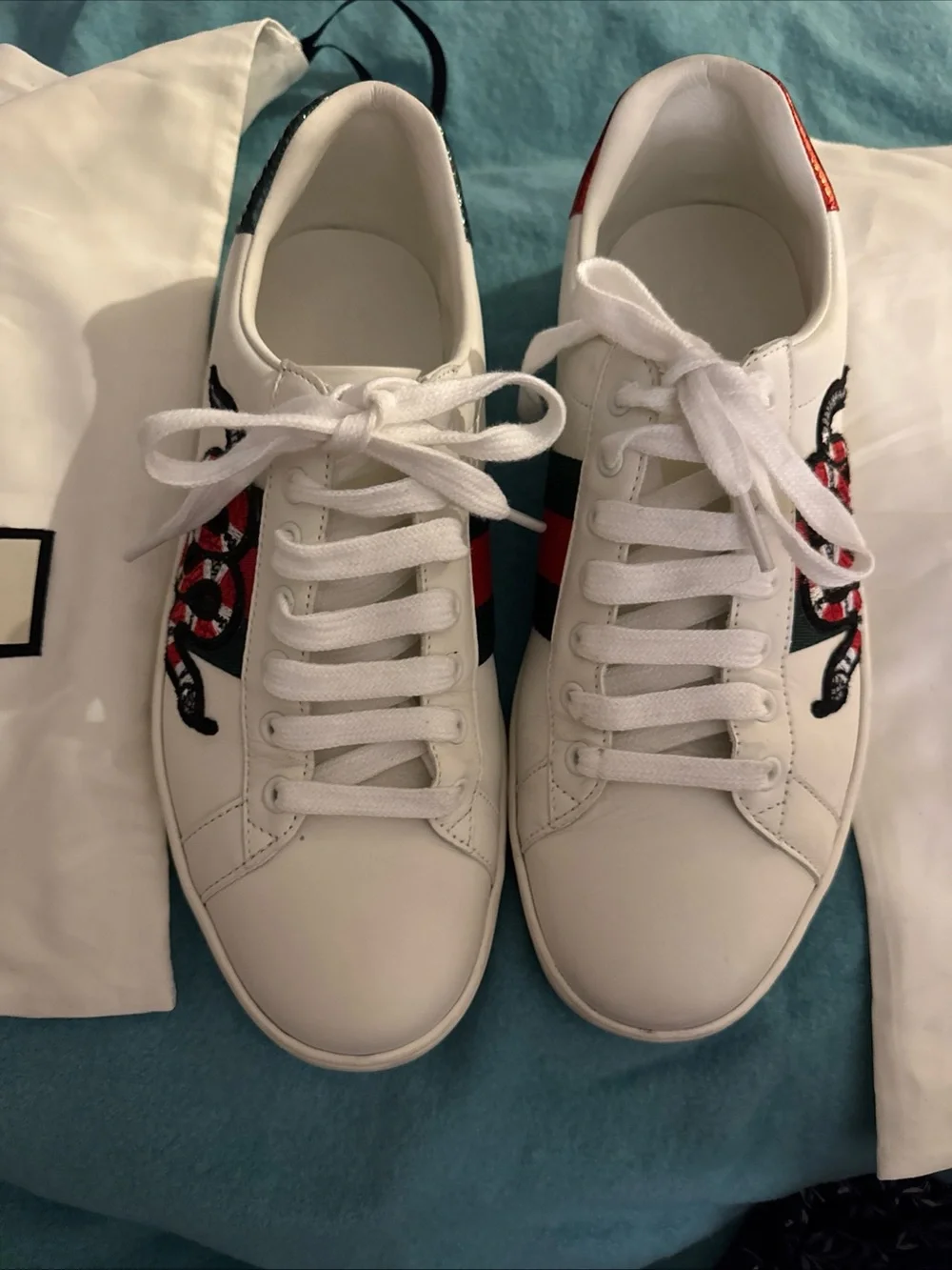 Gucci White Leather Low-Top Sneakers with Red & Black Snake Embroidery